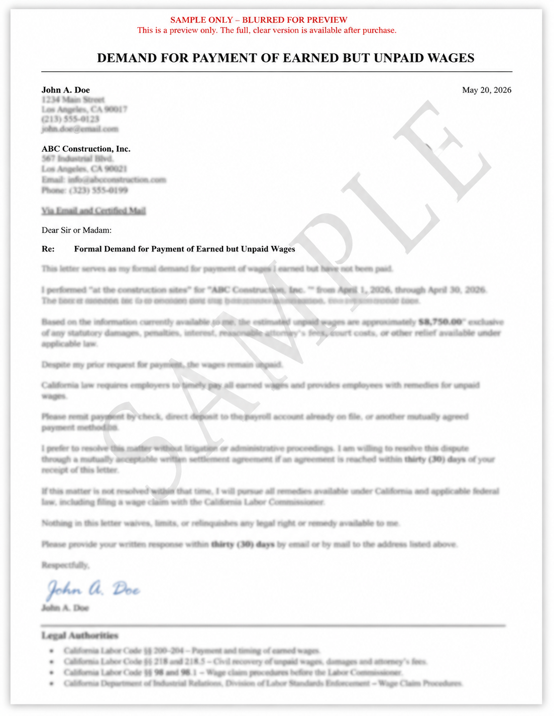 Sample of a RICA AI unpaid wage demand letter